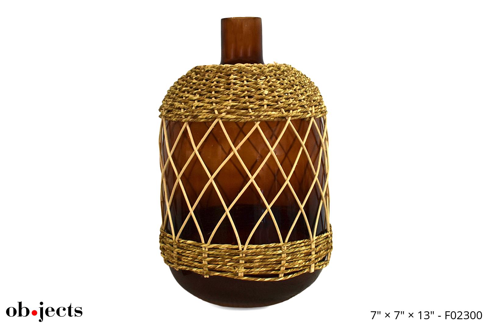 Vase Amber Glass Rattan Wrapped Ob•jects