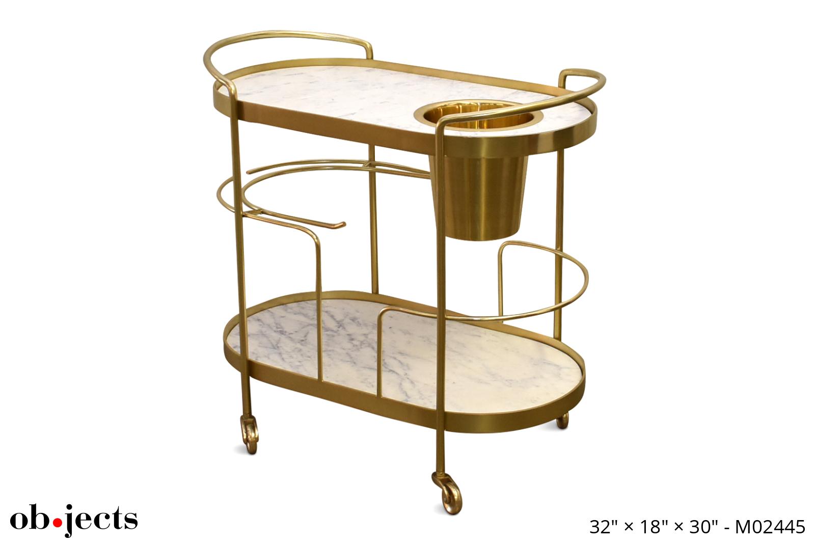Bar Cart Brass w/Carrera Marble Shelves & Ice Bucket Ob•jects
