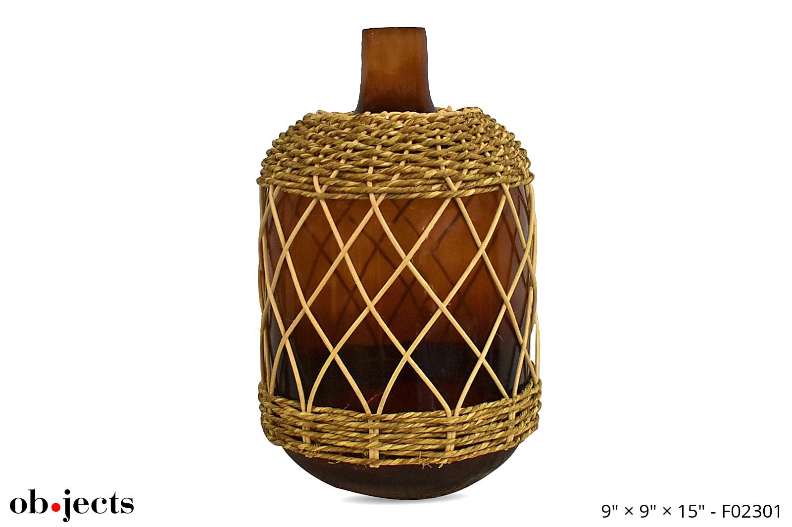 Vase Amber Glass Rattan Wrapped Ob•jects