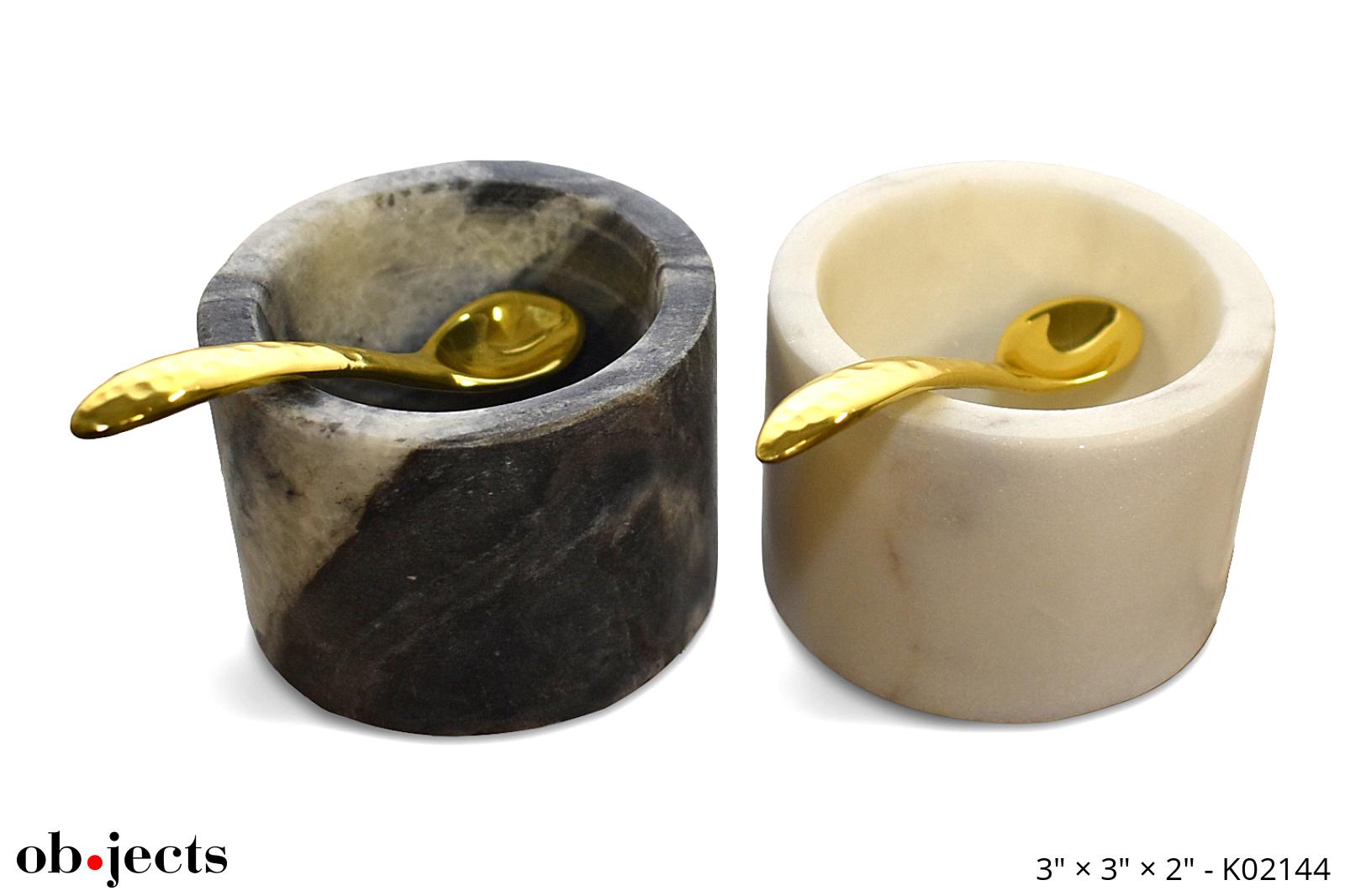 Salt & Pepper Bowls Black/White Marble w/Brass Spoons Ob•jects