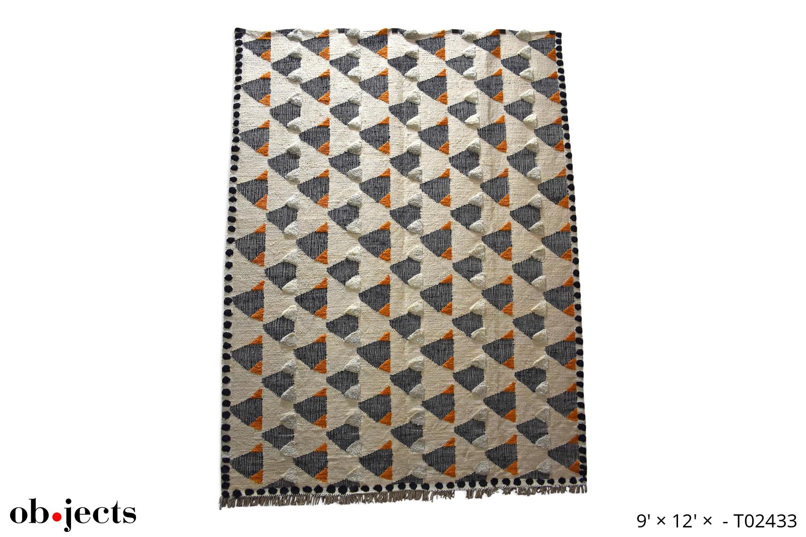 Rug 9 x 12' Flatwoven Repeating Black/White/Orange Geometric Patterns