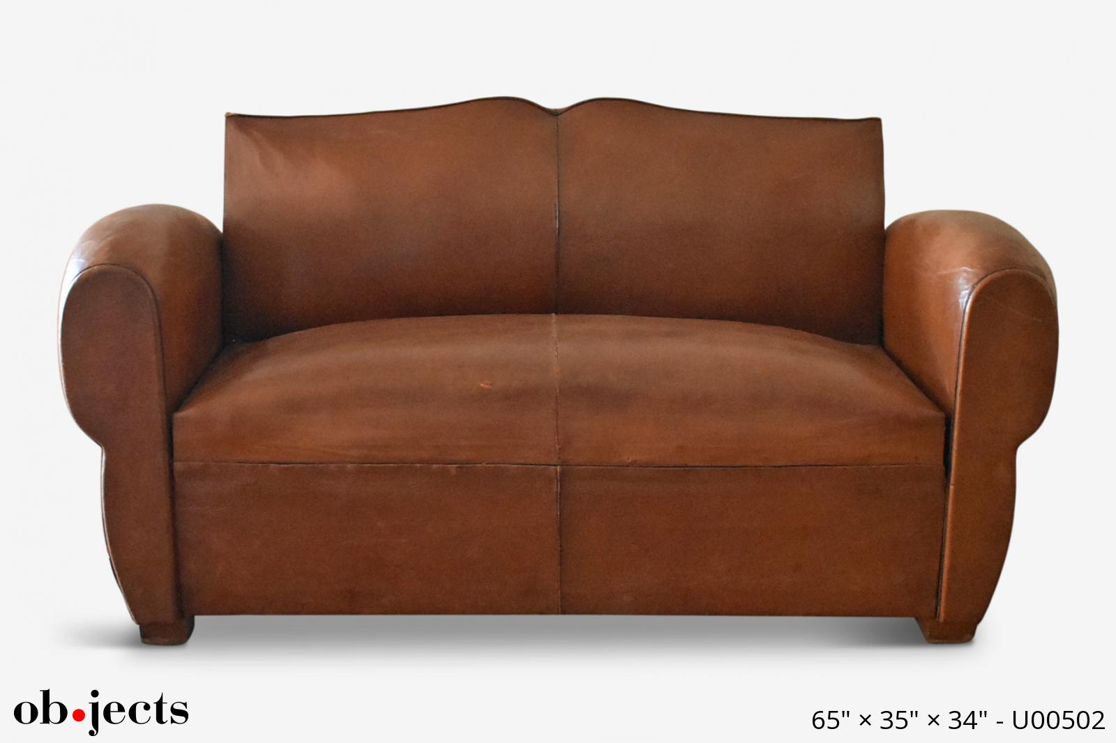 Loveseat Vintage French Leather, Antique Leather Loveseat