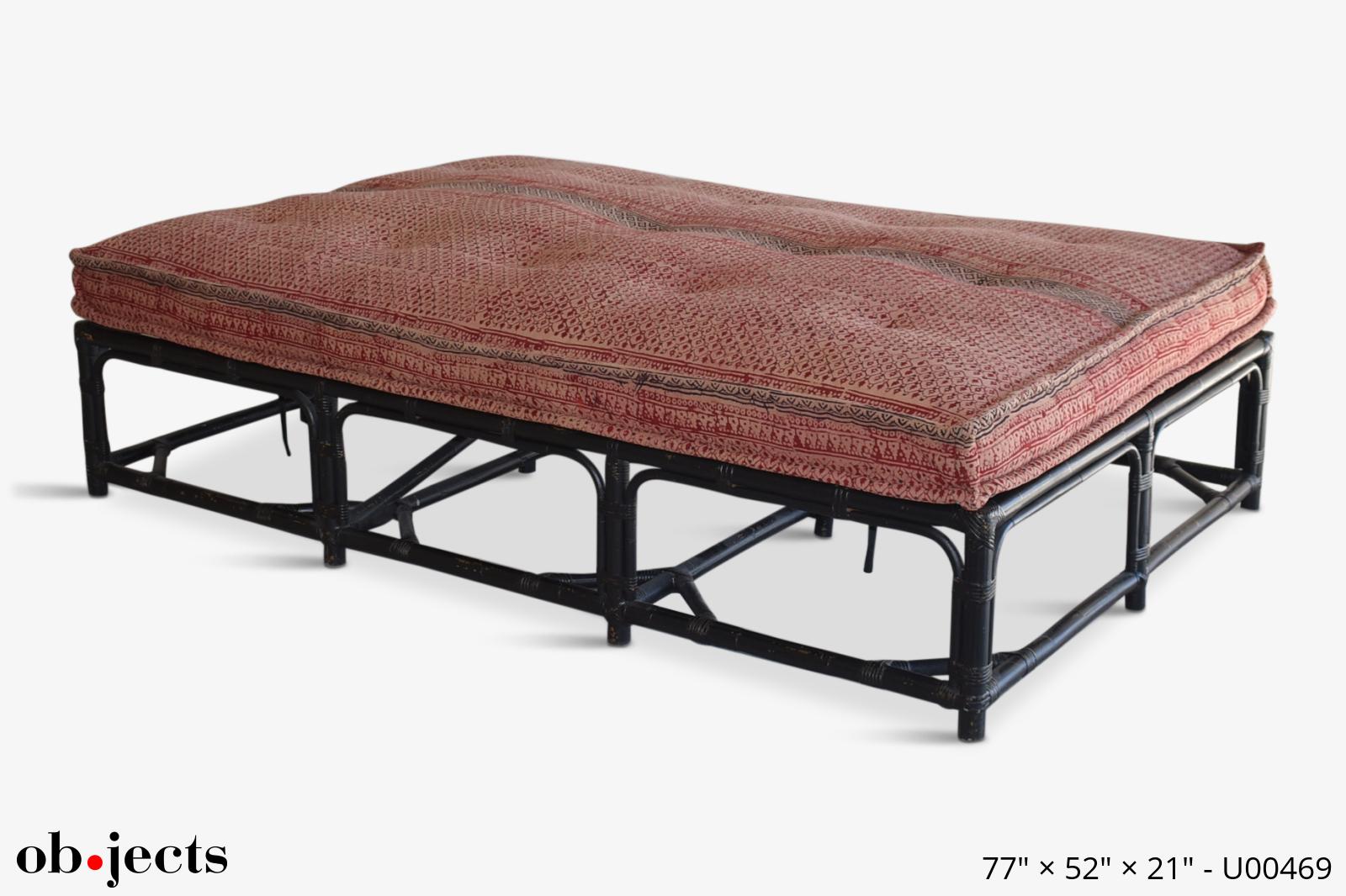 OttomanDaybed Black Rattan Red Vintage Fabric | Ob•jects