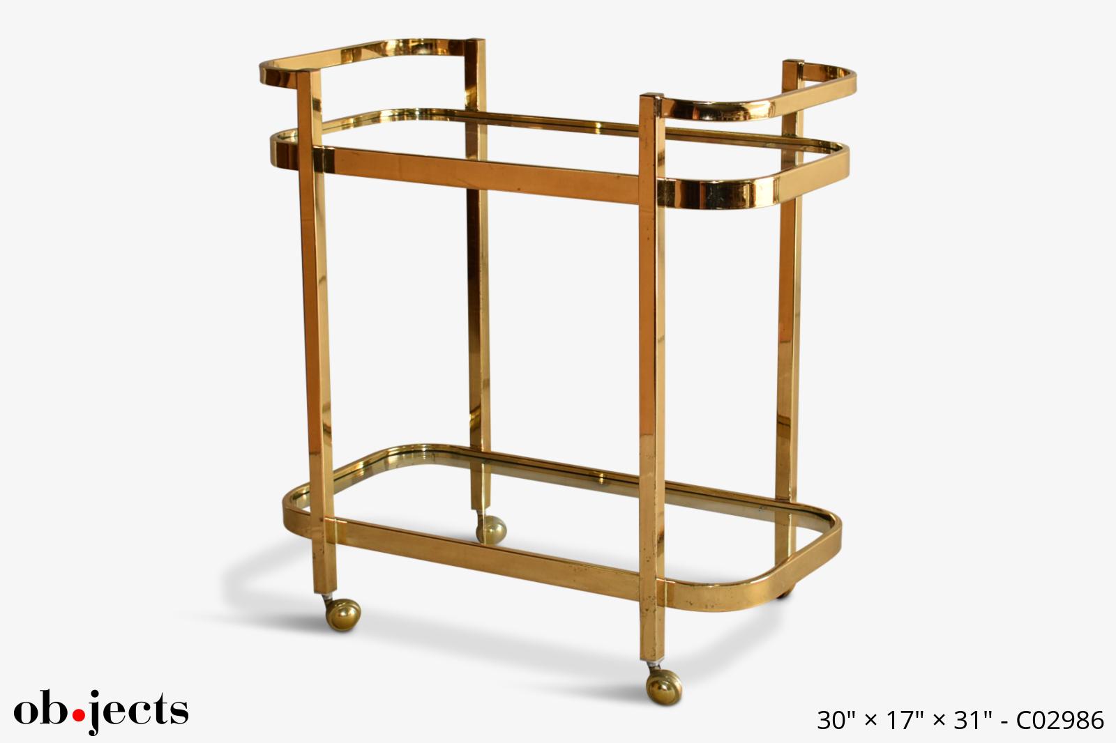 Bar Cart Polished Brass w/Glass Shelves