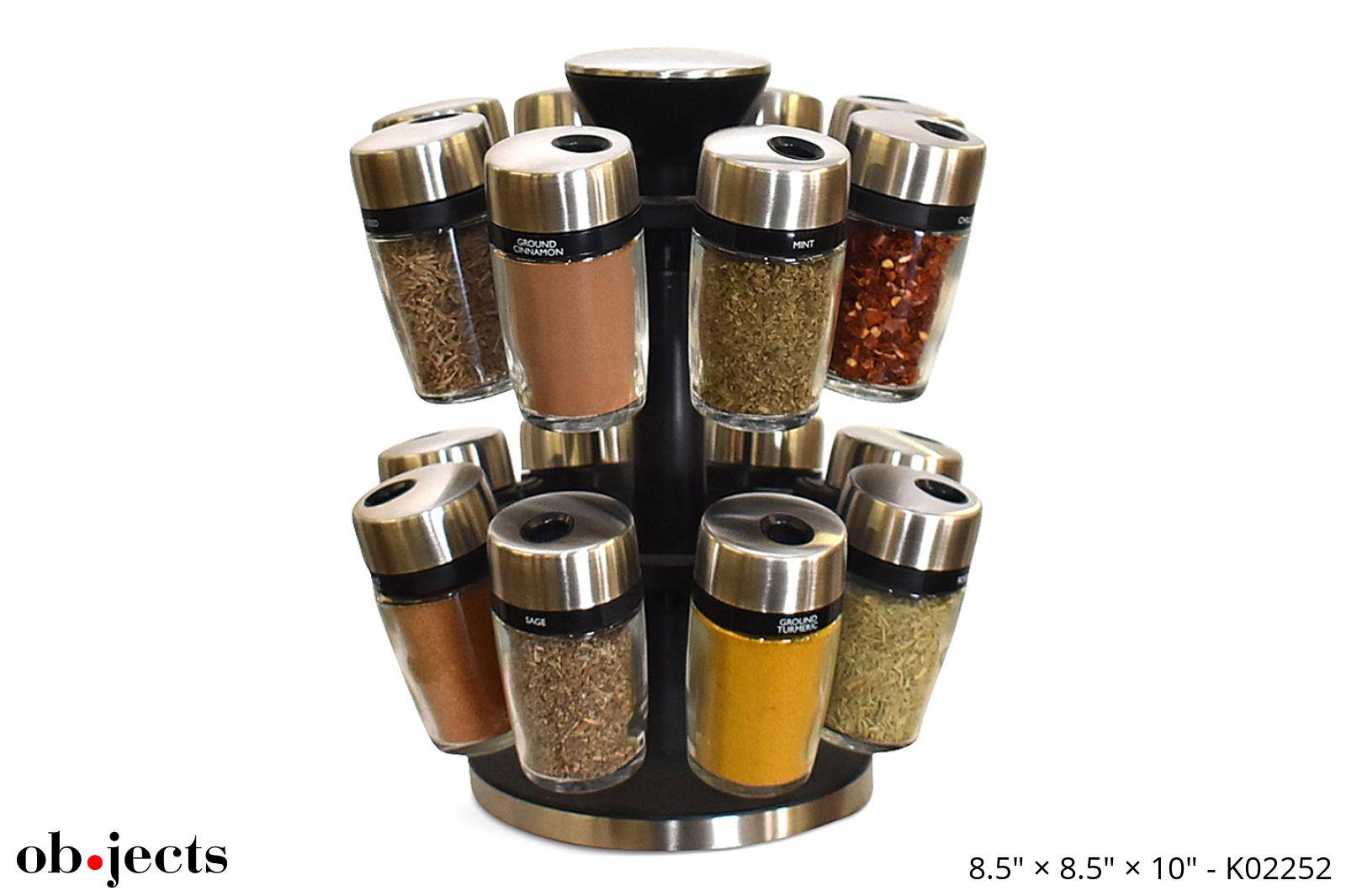 Spice Rack Black Carousel w/16 Glass Spice Bottles Ob•jects