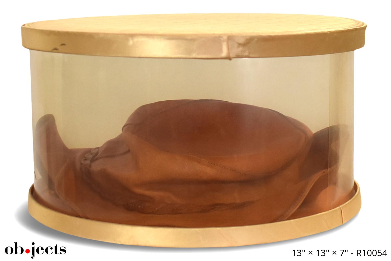 Hat Box Clear Round w Assorted Vintage Hats Ob jects