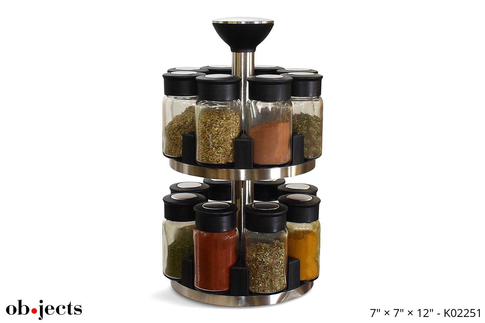 Spice Rack Chrome Carousel w/16 Glass Spice Bottles Ob•jects